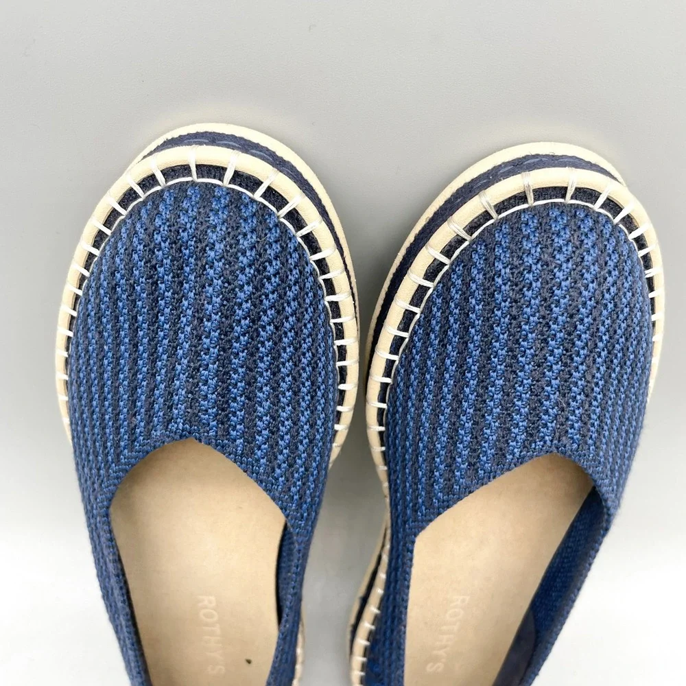 Rothys Womens 7.5 The Espadrille Flats Navy Stipe Knit Coastal Casual Nautical